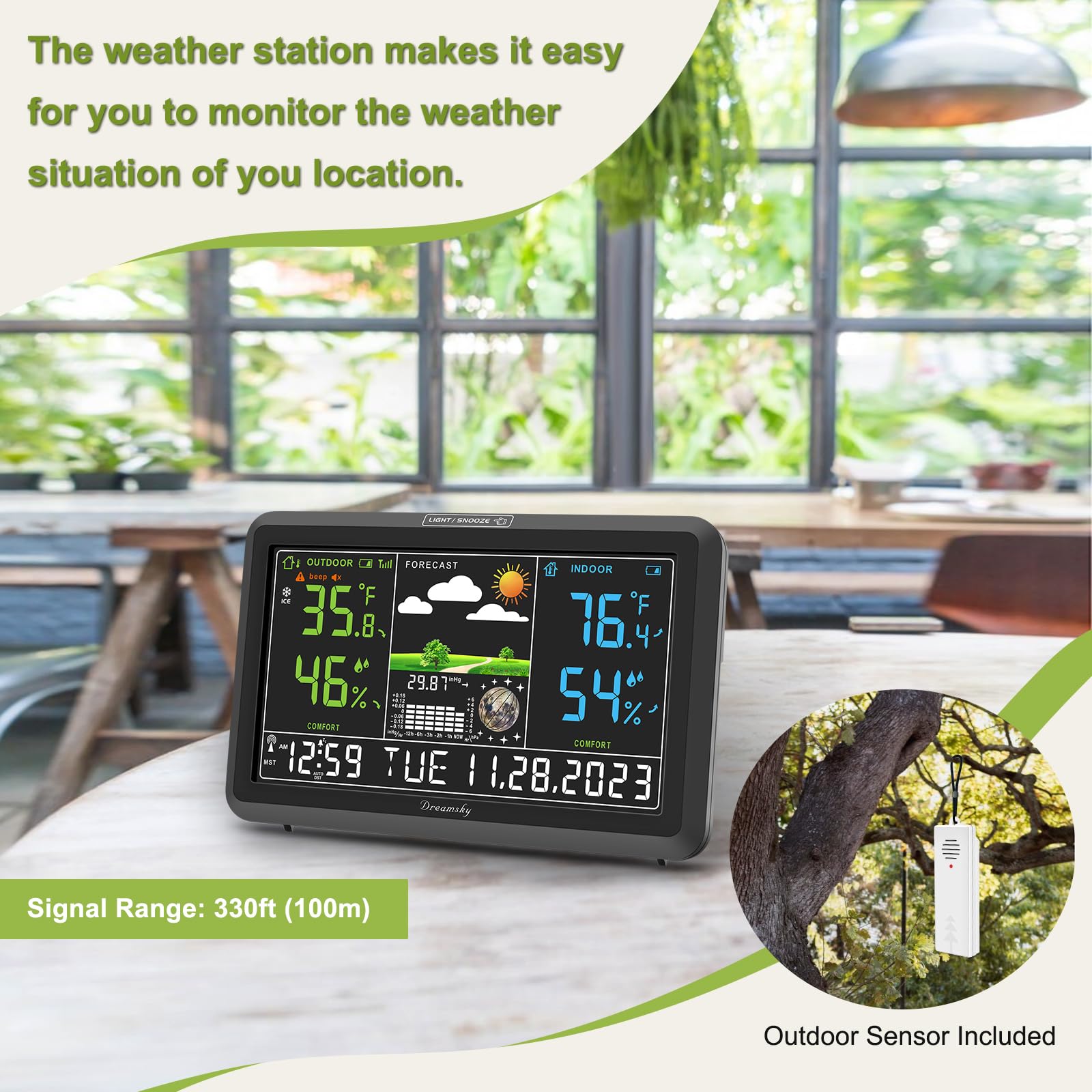 DreamSky outdoor sensor close-up showing durable casing and accurate readings