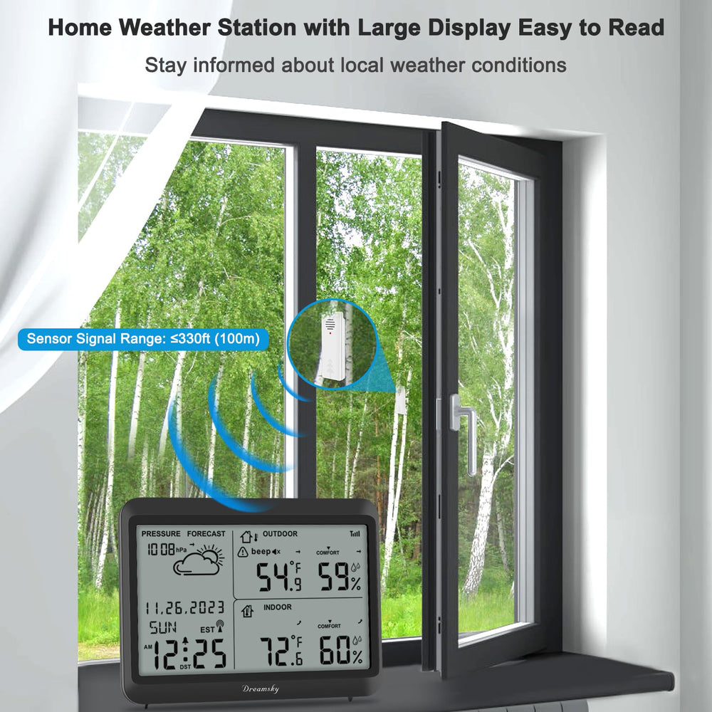 DreamSky outdoor sensor close-up showing weatherproof casing and transmission strength benefit