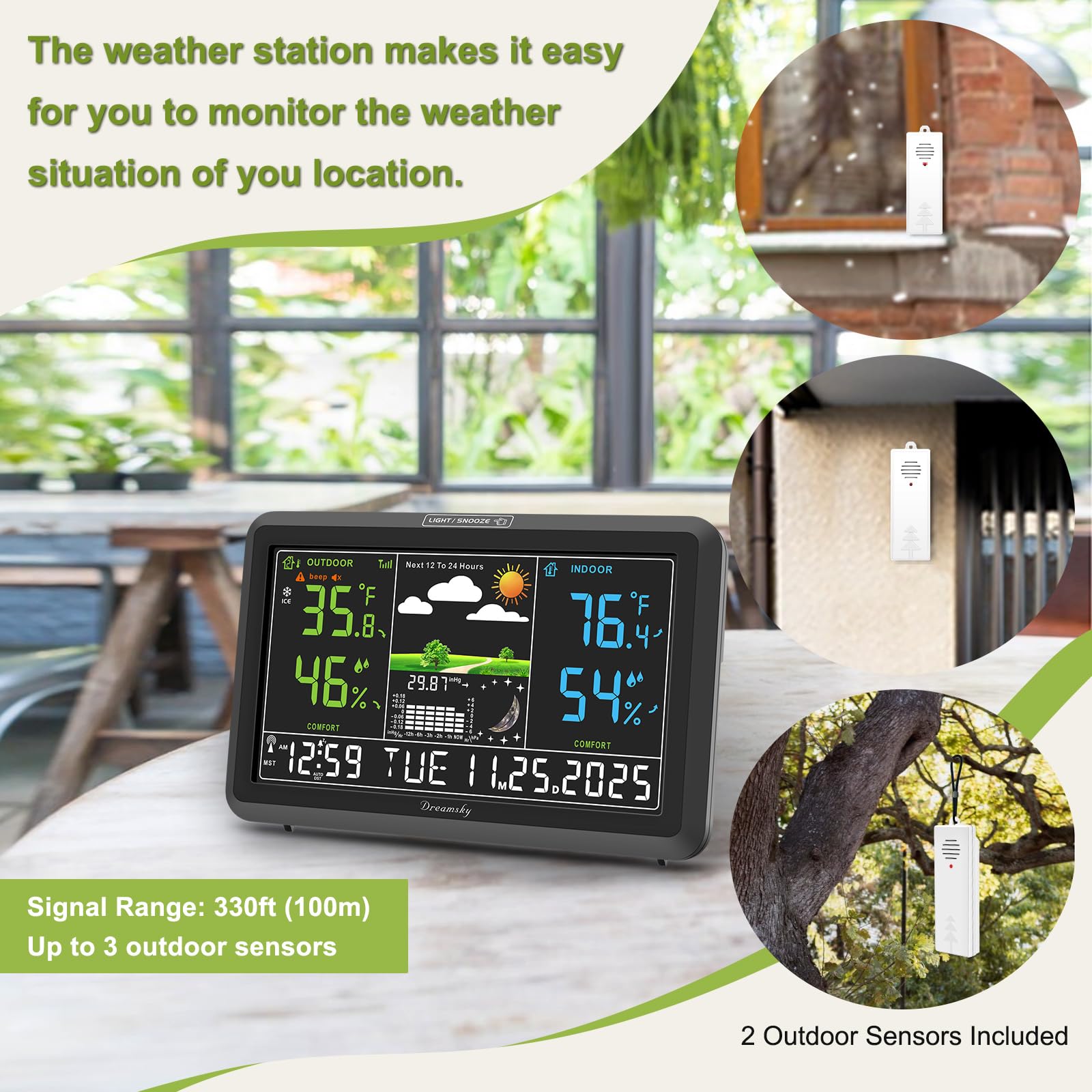 DreamSky outdoor sensor close-up showing durable casing and accurate readings