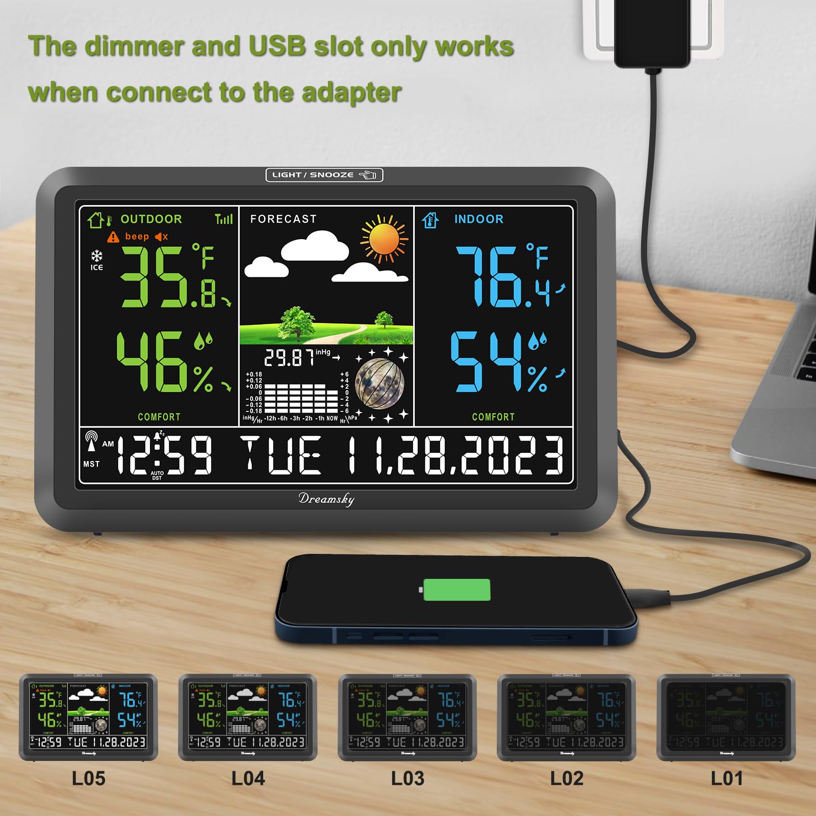 DreamSky USB power port view showing continuous illumination convenience