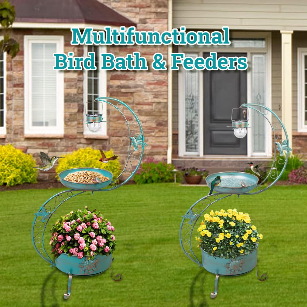 DREAMSOUL birdbath beside a chair showing scale and placement in yard