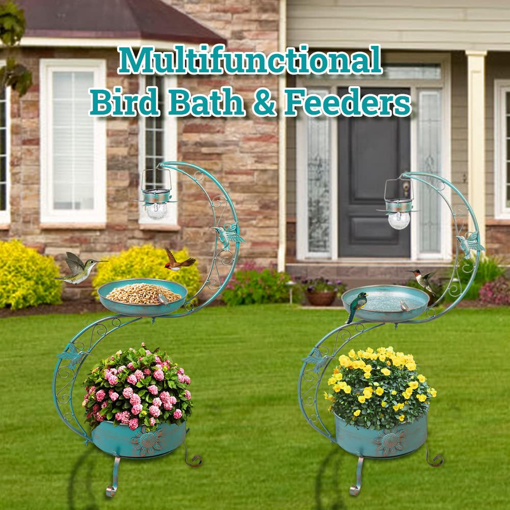 DREAMSOUL birdbath beside a chair showing scale and placement in yard