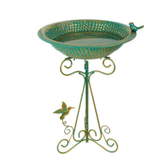 dreamysoul front view of the 13 inch bird bath showing bowl and decorative bird, attracts wildlife