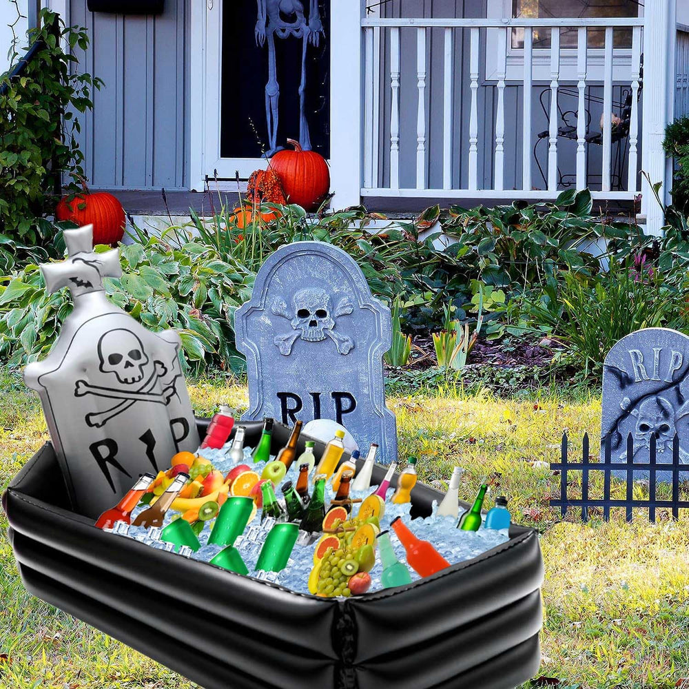 DredQcco close-up of RIP skull print on coffin cooler adding Halloween ambiance