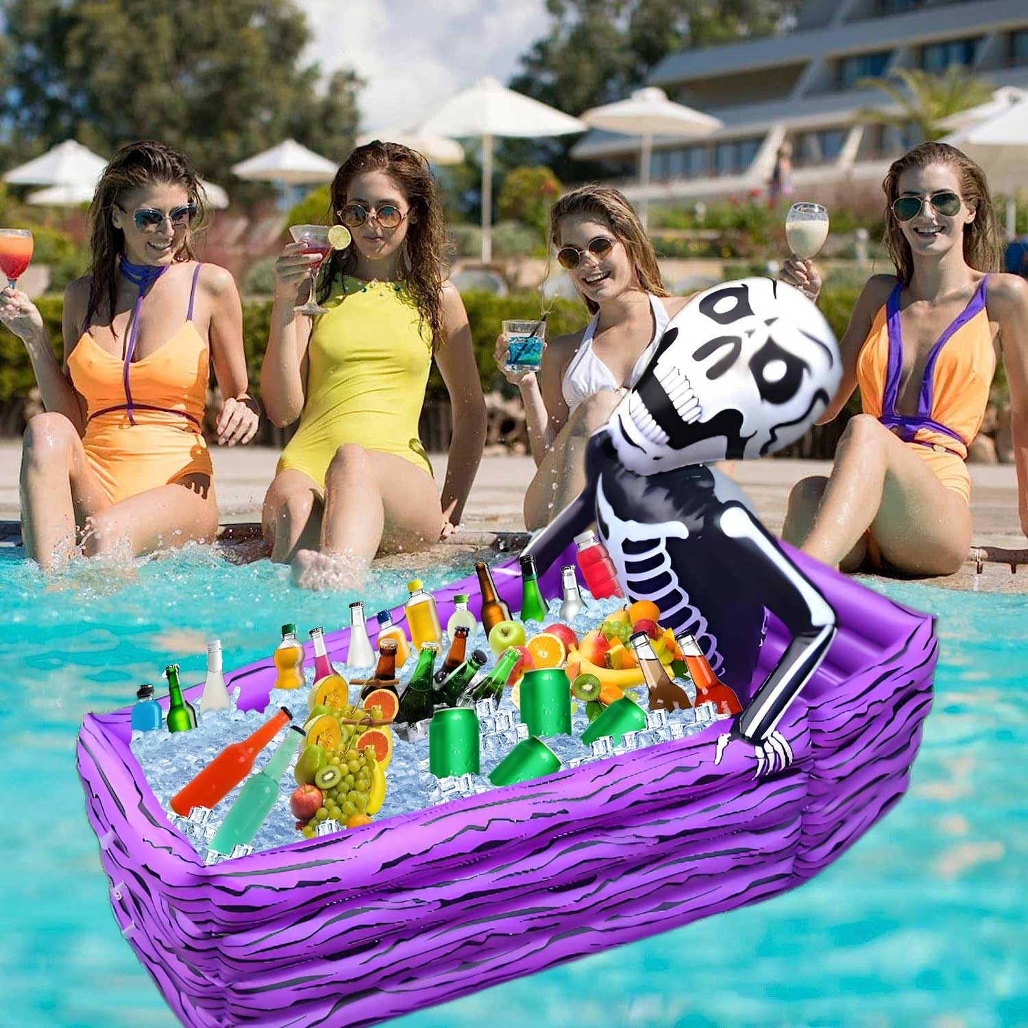 DredQcco cooler at backyard party showing themed centerpiece and chilled drinks