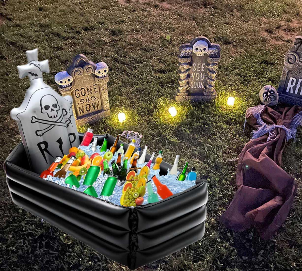 DredQcco coffin cooler poolside in party scene creating festive convenience
