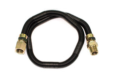 Dreffco flex line beside ruler and fittings illustrating 24-inch length and 1/2-inch compatibility