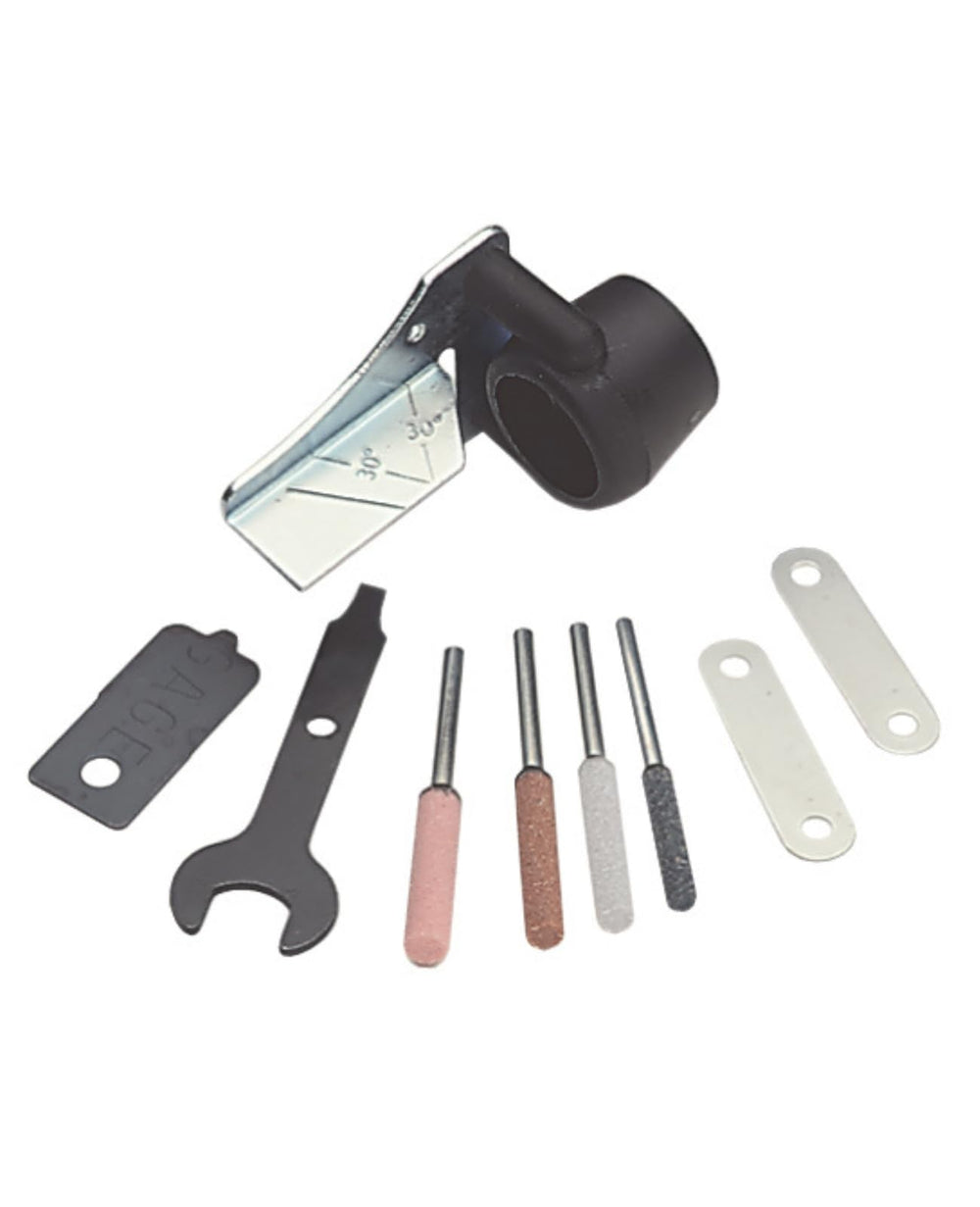 Dremel 1453 angle guide attachment shown front and centered, provides consistent sharpening