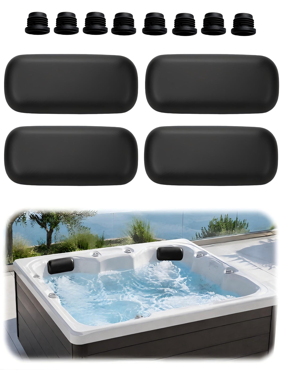 Dresgor four-pack front view showing black headrests and clean fit, restores spa appearance