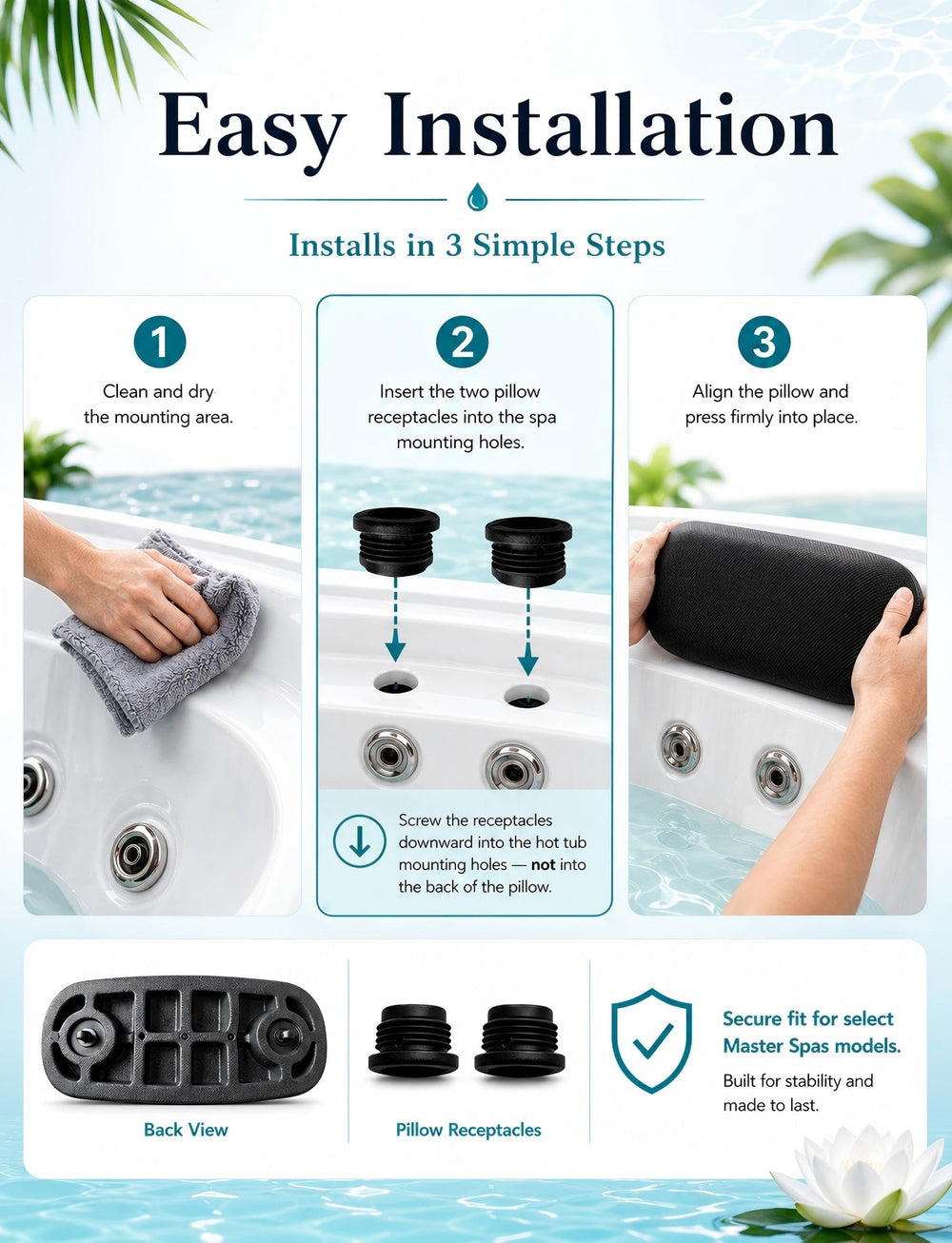Dresgor headrest in evening hot tub scene, upgrades comfort and aesthetics for relaxing soaks