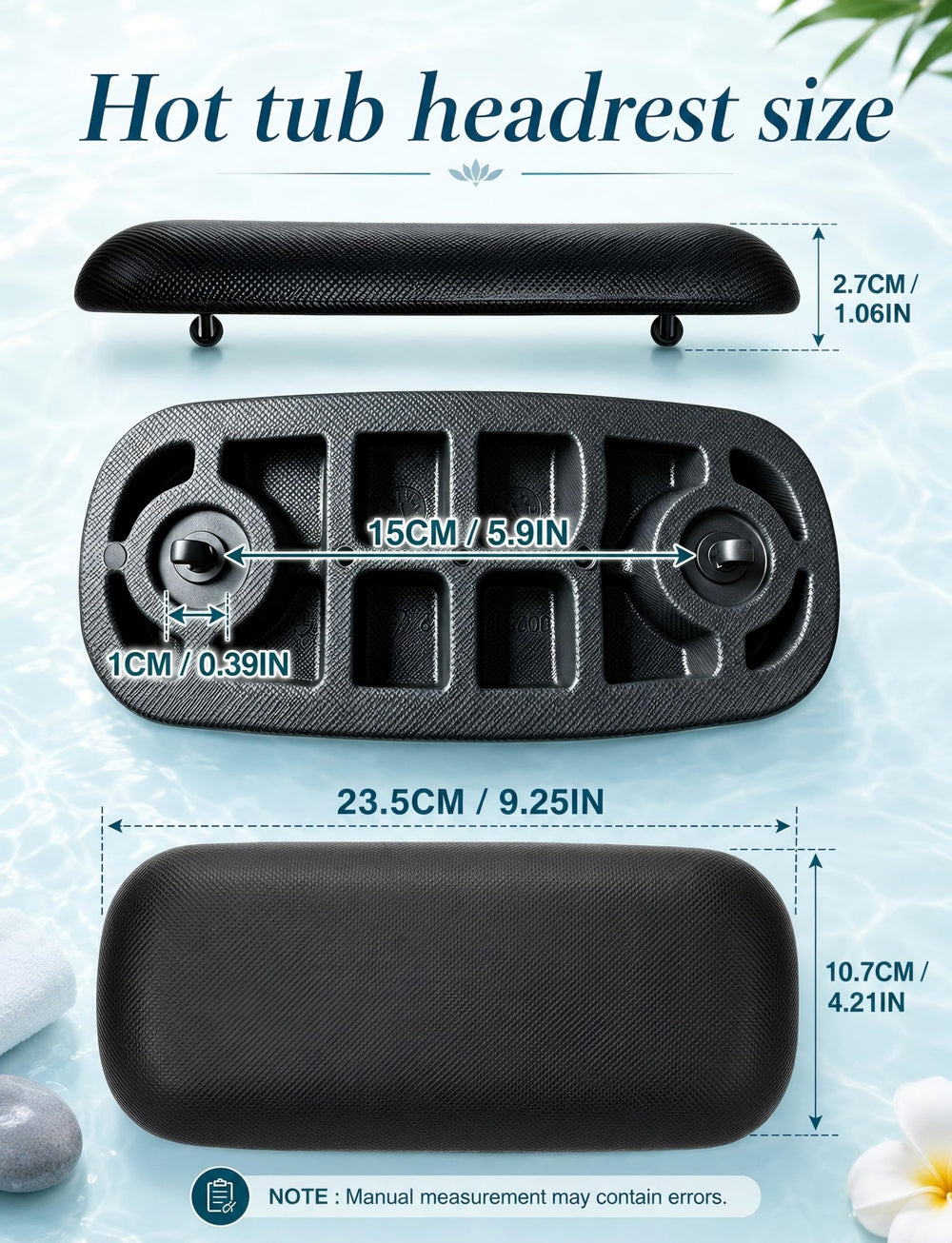 Dresgor headrest next to hand for scale, compact dimensions match original specifications