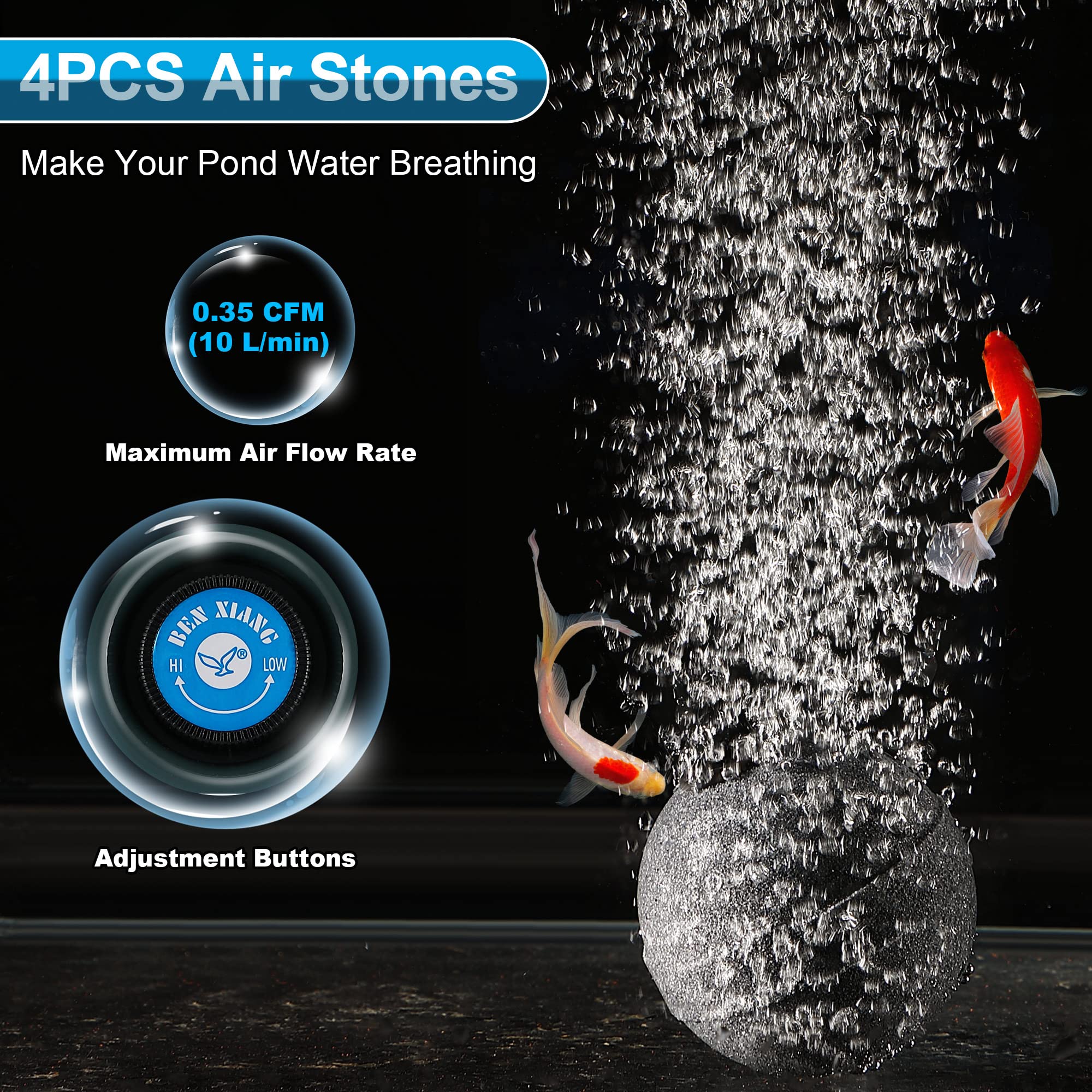 Dreyoo four airstones close-up, clear pores for consistent bubble diffusion benefit