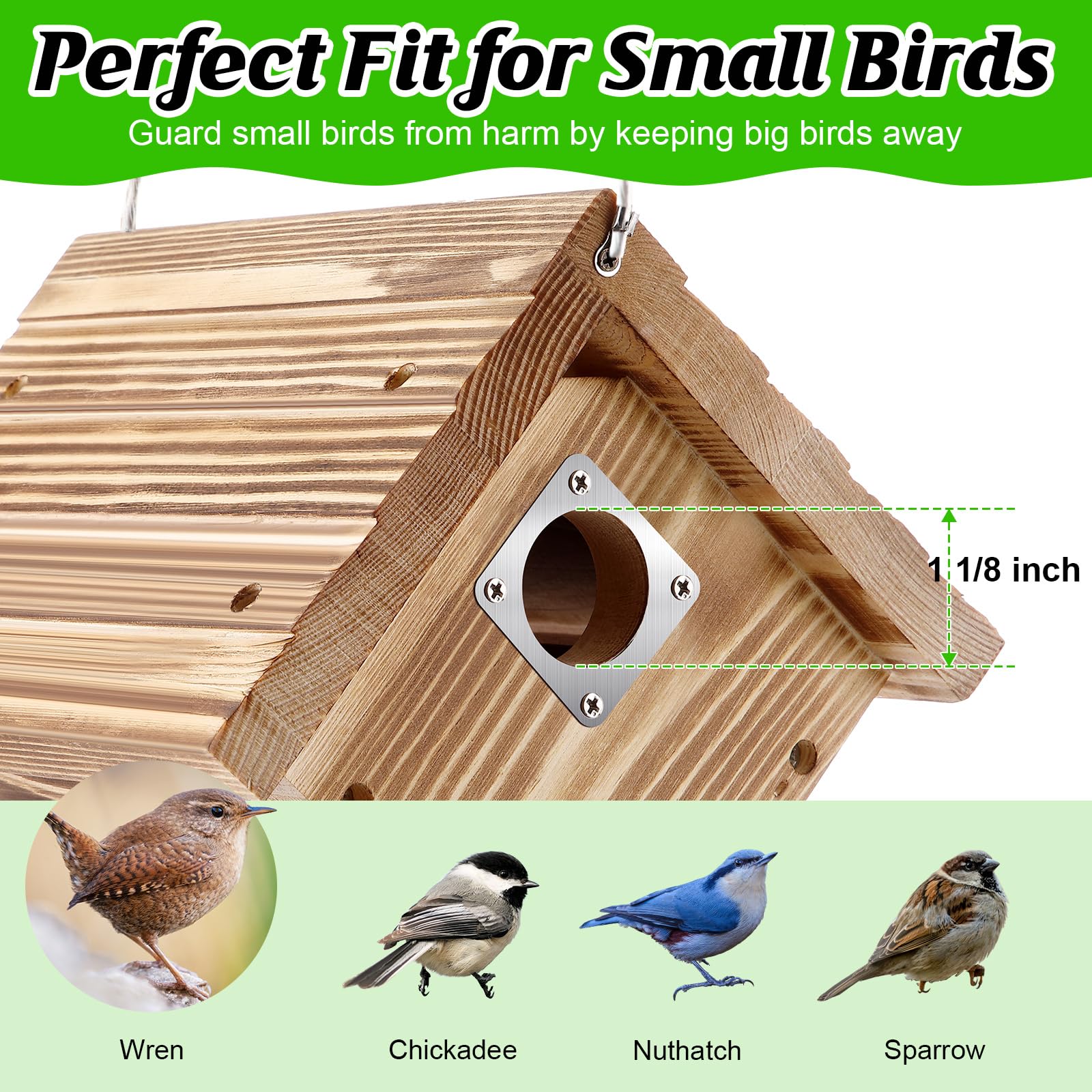 Dreyoo entrance hole detail 1-1/8" sized for wrens and chickadees to encourage occupancy