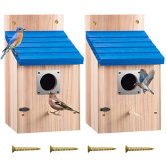 Dreyoo front view of three bluebird houses showing blue roofs and sturdy build, attracts more birds