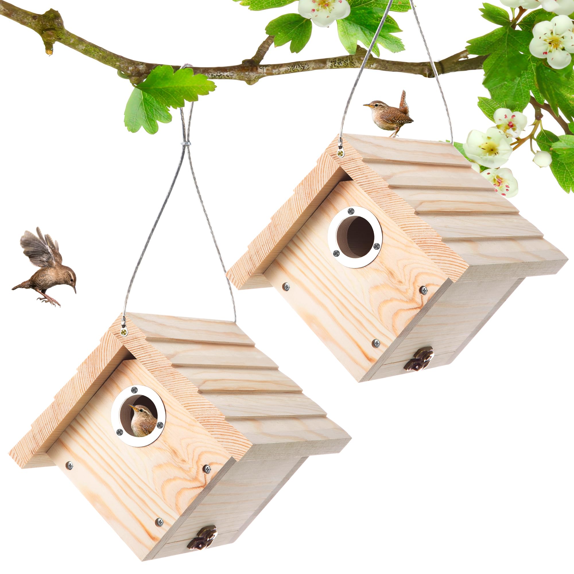 Dreyoo front view of two hanging wren houses showing durable pine and balanced design