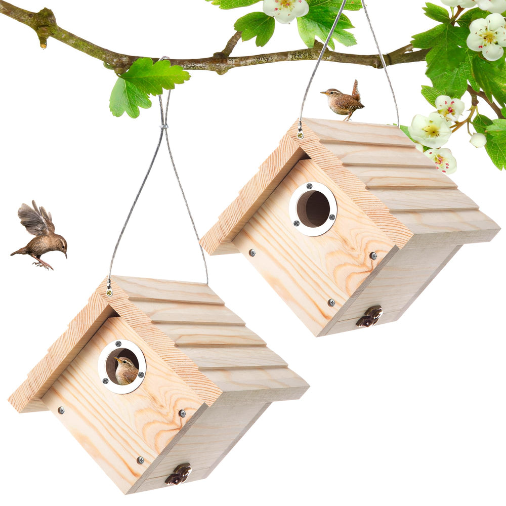 Dreyoo front view of two hanging wren houses showing durable pine and balanced design