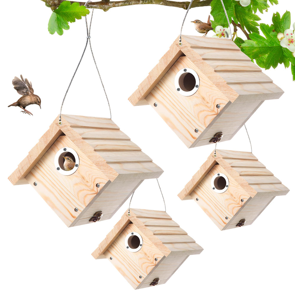 Dreyoo front view wren house showing pine exterior and secure entrance, attracts wrens