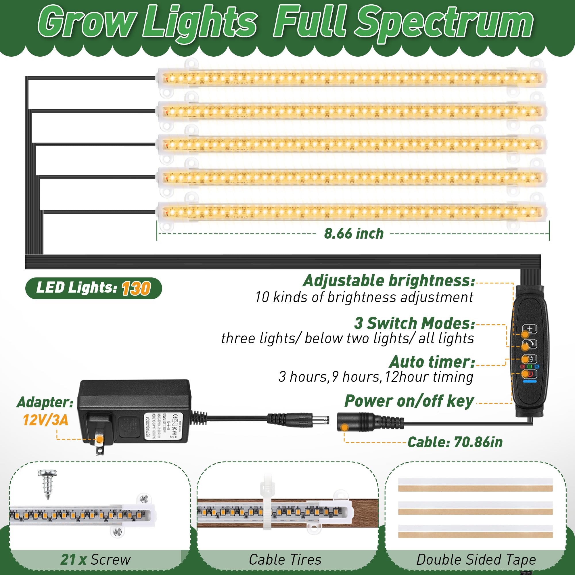 Dreyoo close-up of five full-spectrum LED grow lights providing even supplemental light for plants