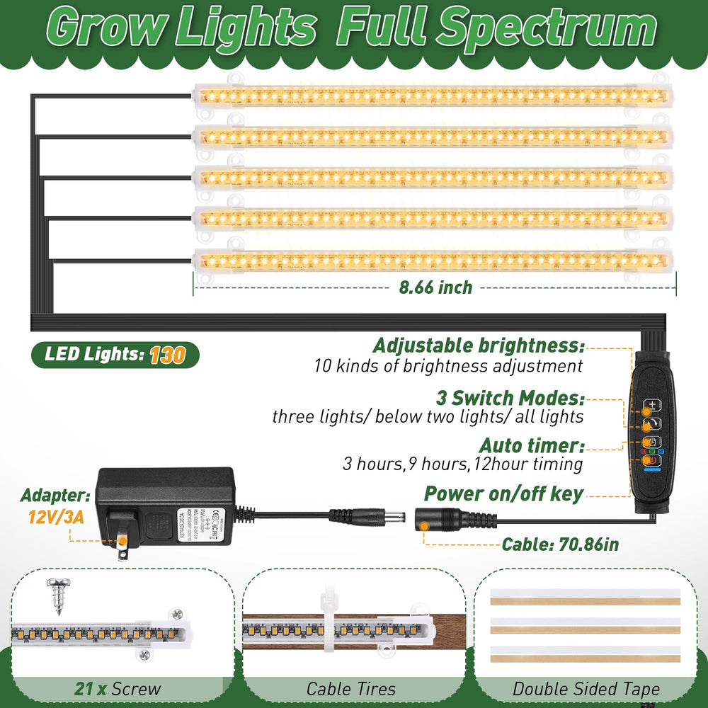 Dreyoo close-up of five full-spectrum LED grow lights providing even supplemental light for plants