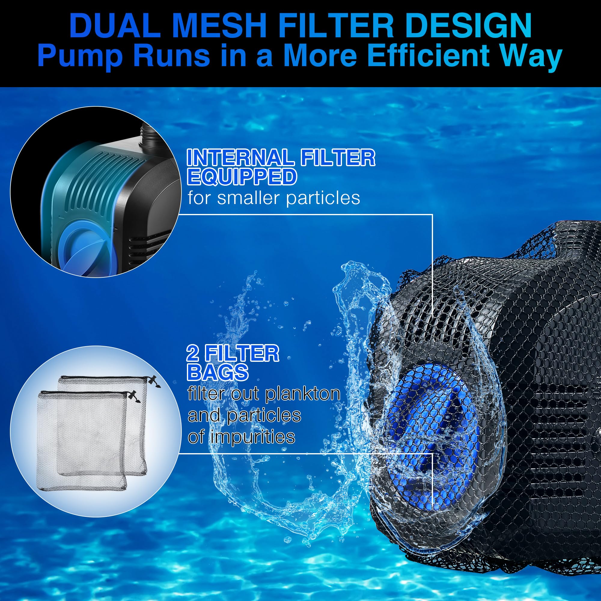 Dreyoo pump fully submerged in a pond demonstrating stable underwater operation and quiet circulation