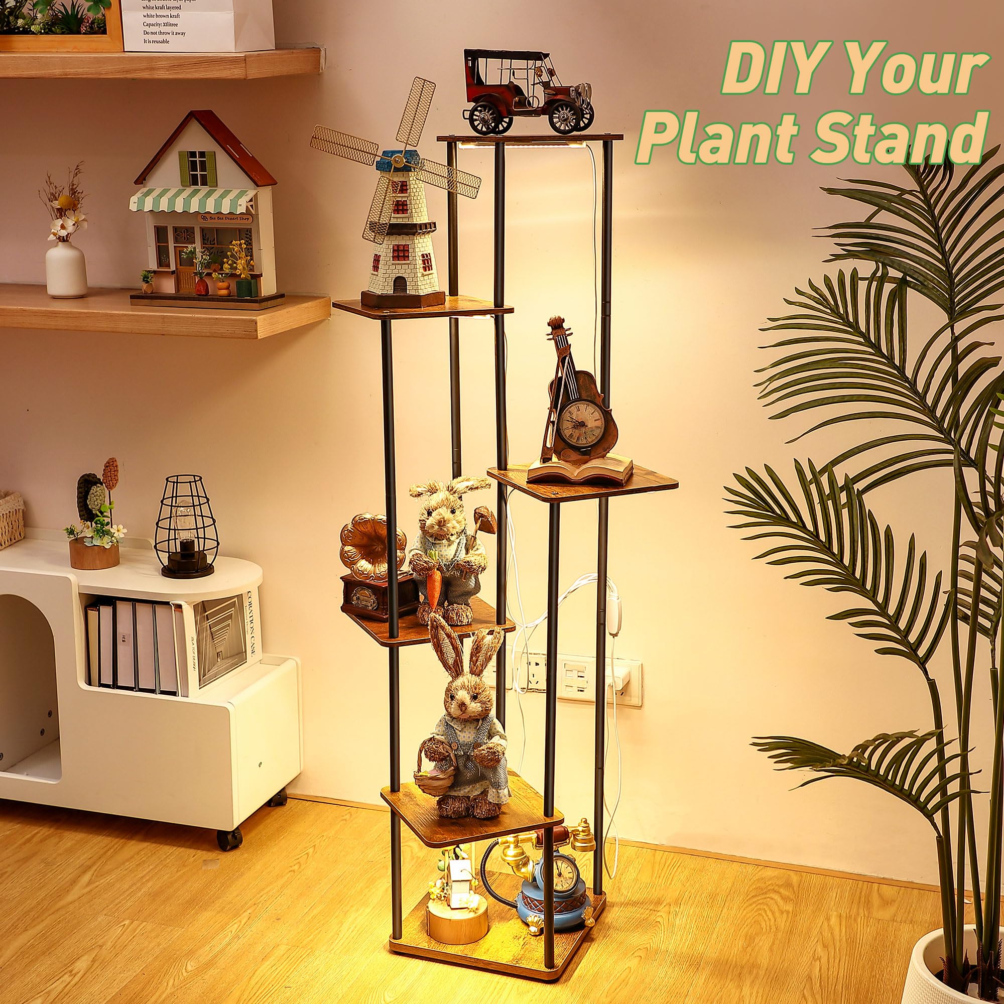 Dreyoo top shelf with decorative flowers and ambient light for a cozy living room display