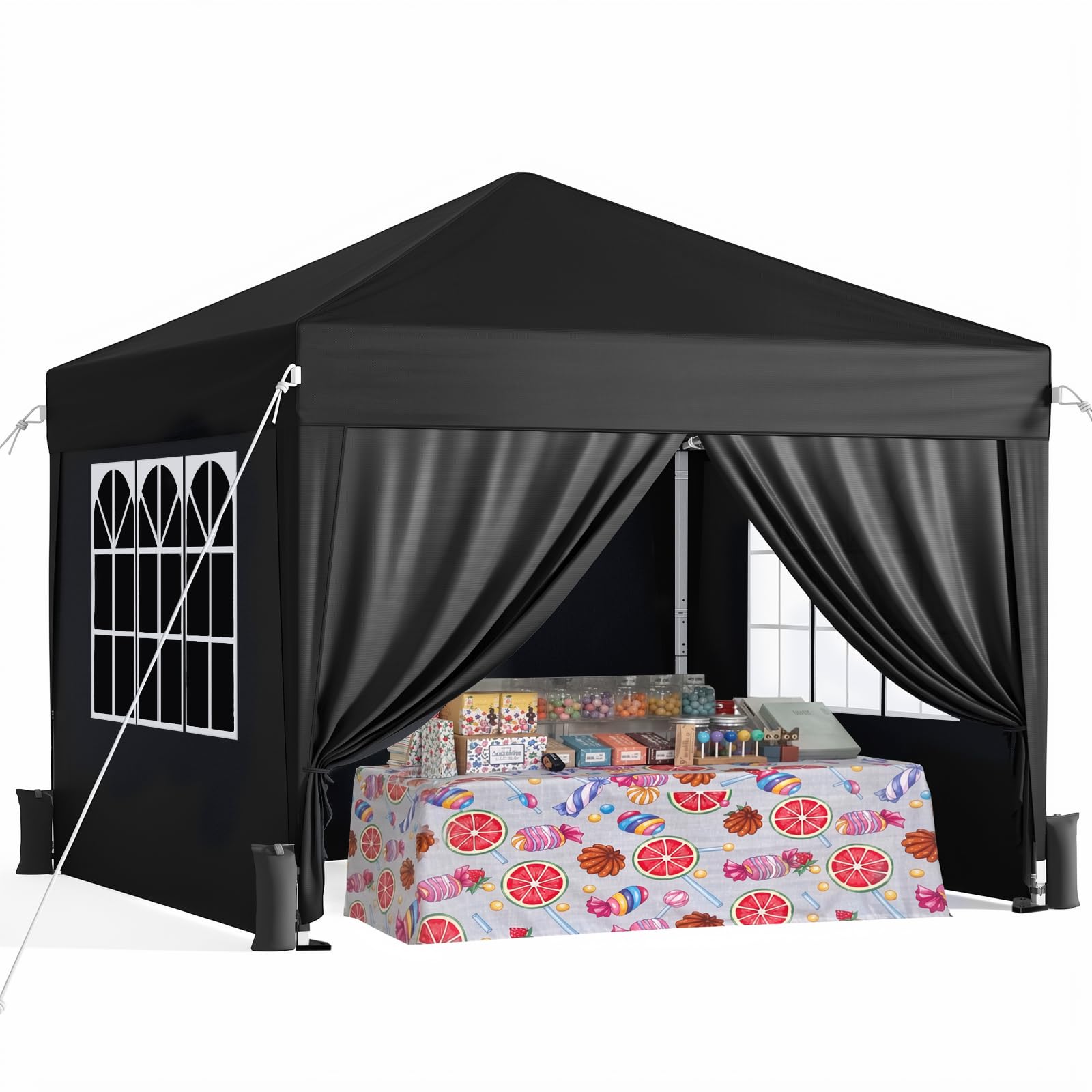 Driftalia front view of black 10x10 canopy showing shelter and quick setup benefit