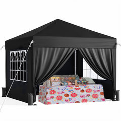 Driftalia front view of black 10x10 canopy showing shelter and quick setup benefit