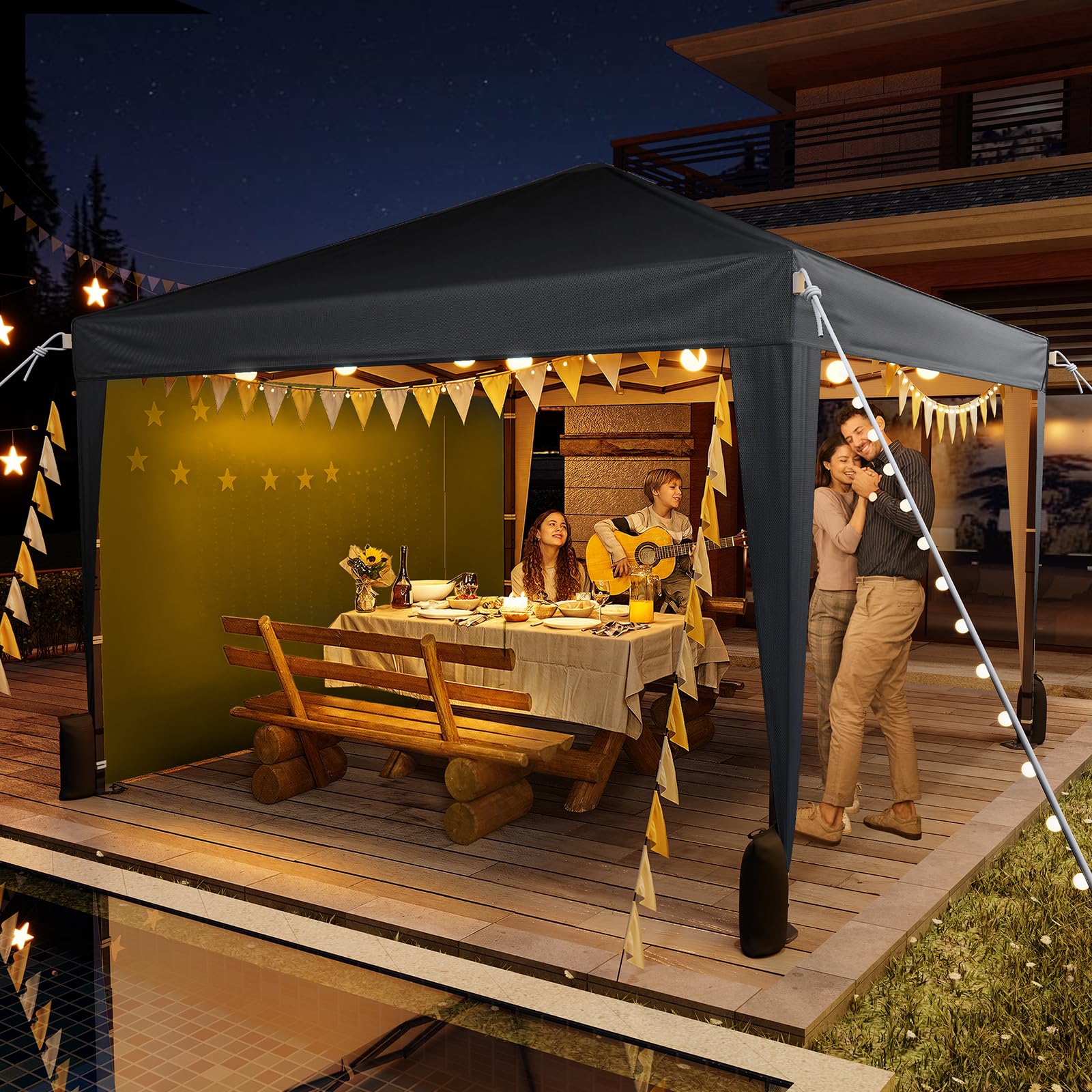 Driftalia canopy with table inside showing roomy 10x10 footprint benefit