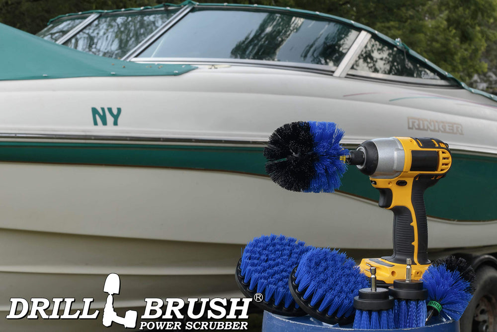 Drillbrush kit beside cordless drill to show scale and ready-to-use convenience