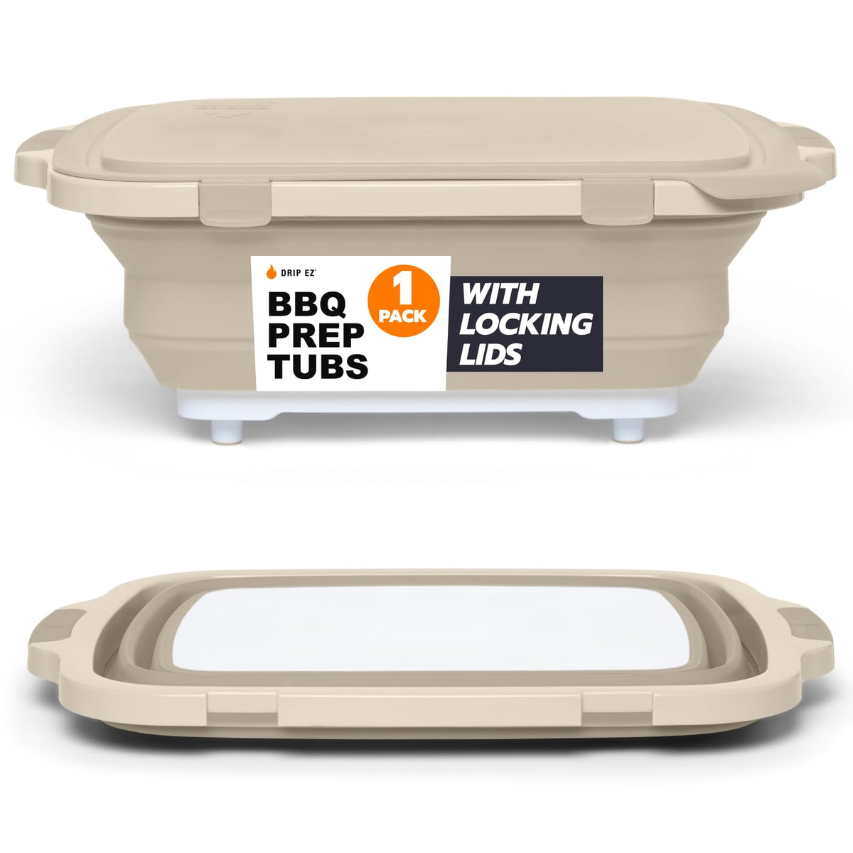 Drip EZ front view showing sandstone tub and included lid for organized prep