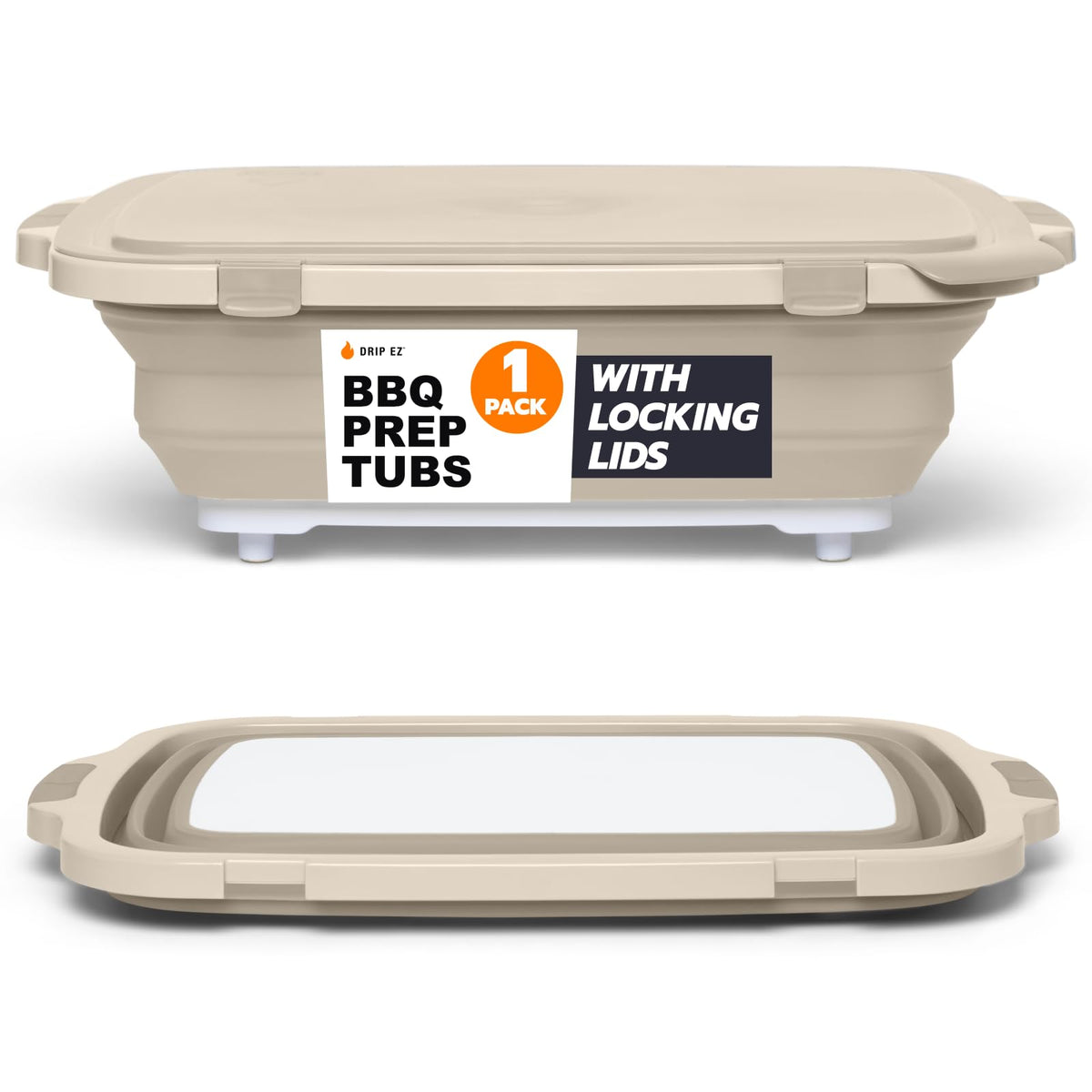 Drip EZ front view of XL prep tub showing sandstone finish and included lid