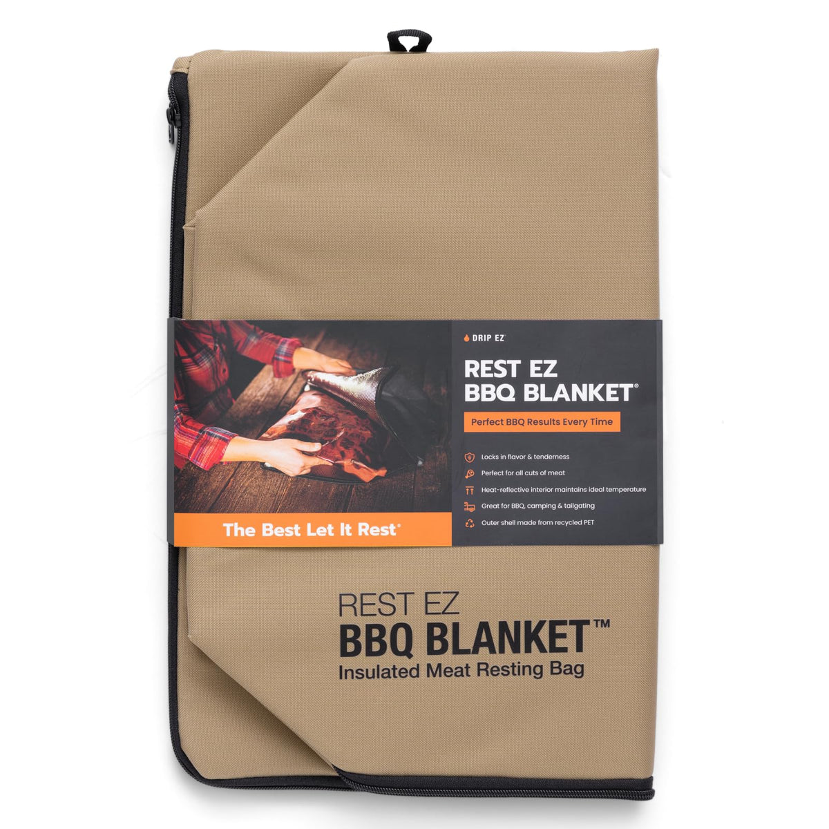Drip EZ front view of khaki Rest EZ blanket showing size and zipper for easy loading