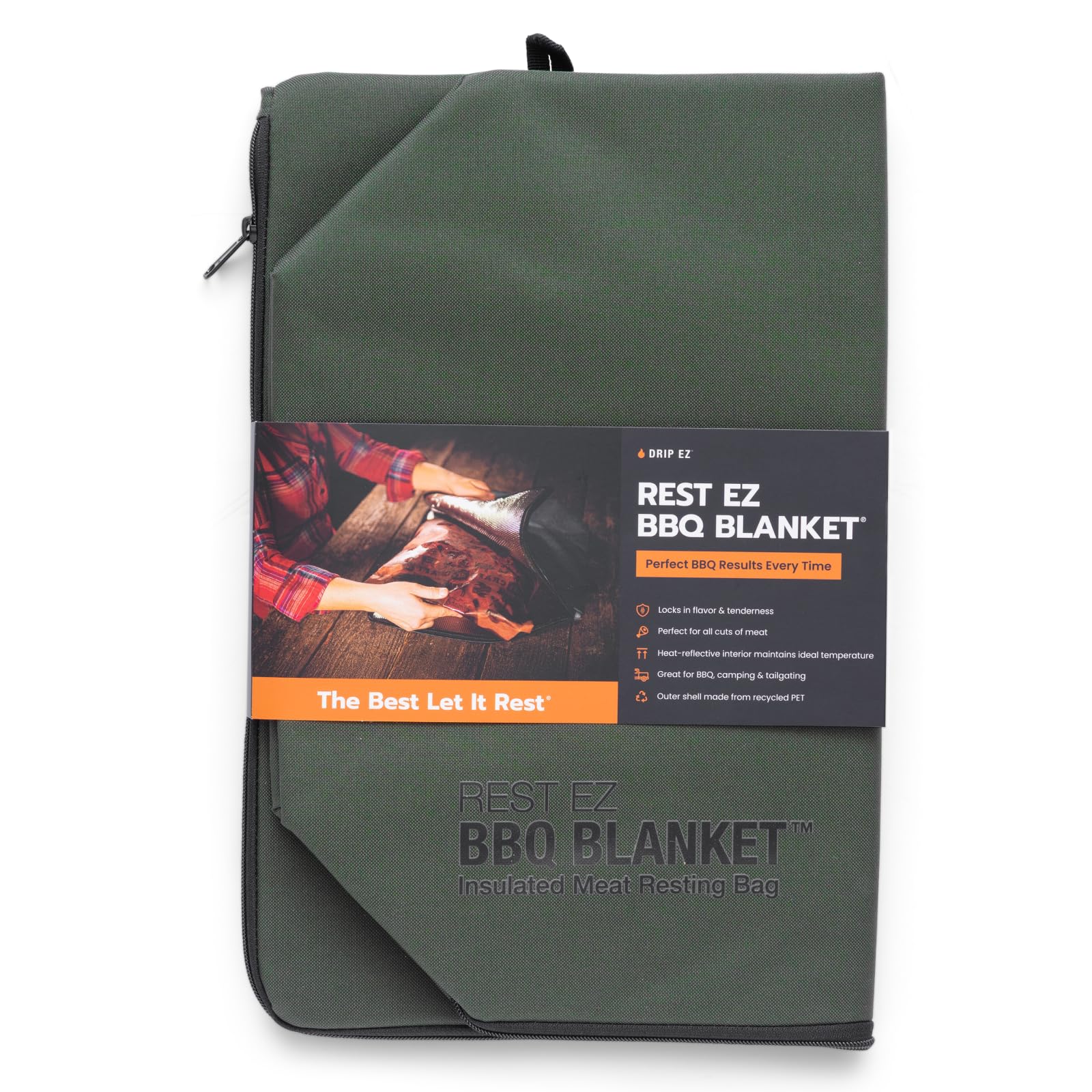 Drip EZ front view of green Rest EZ BBQ Blanket showing durable exterior and zipper benefit