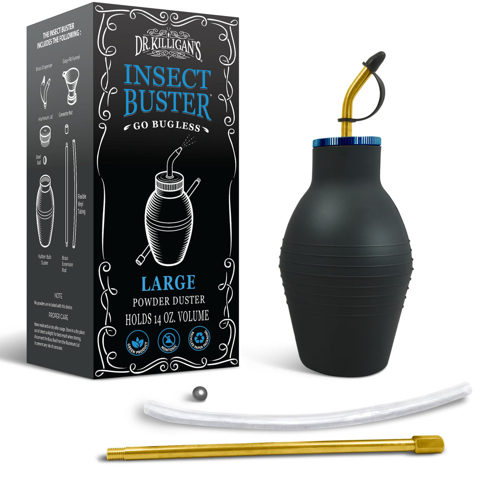 Dr. Killigan's Insect Buster front view showing durable metal and rubber build for precise dispensing