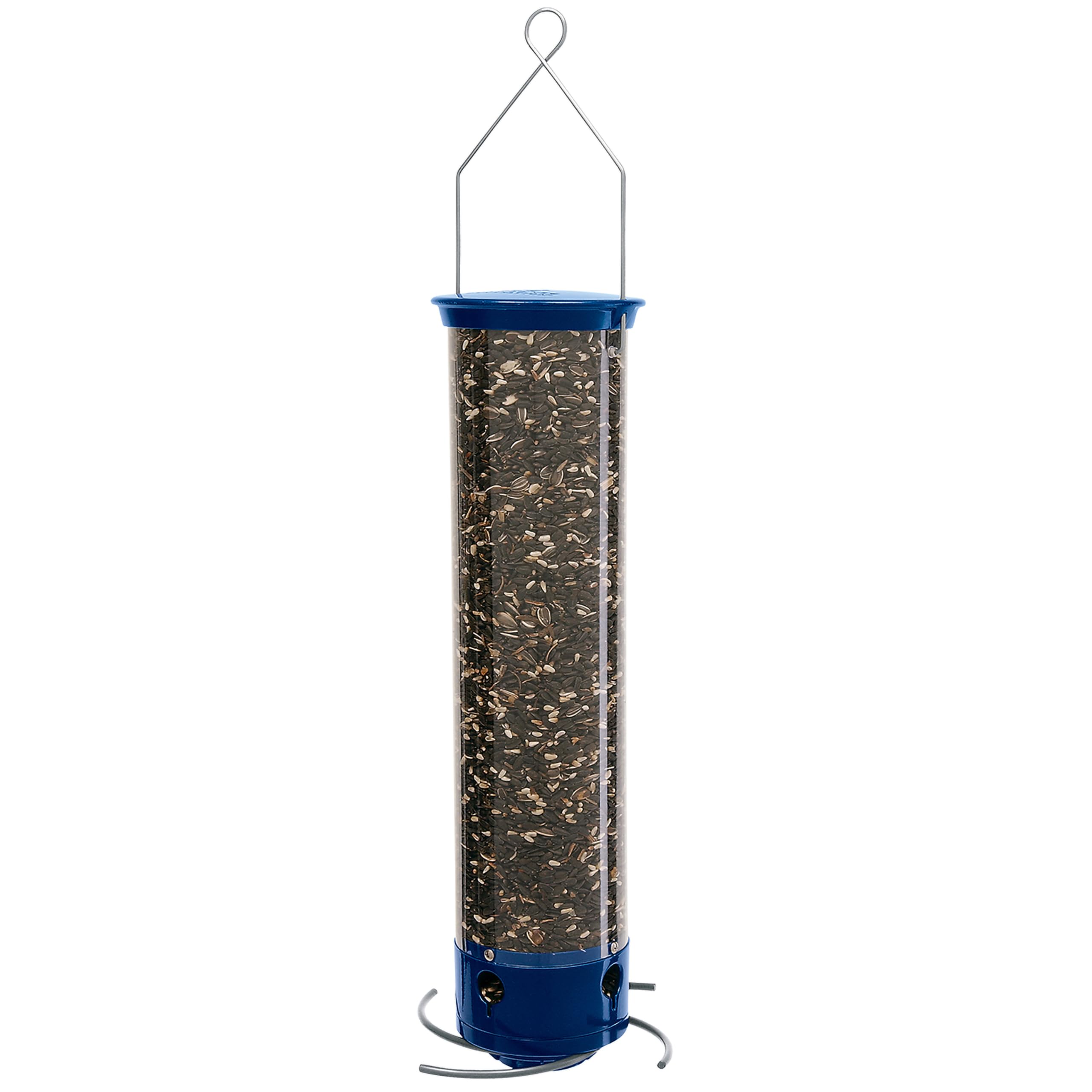 Droll Yankees front view of feeder showing clear tube and four feeding ports for easy bird watching