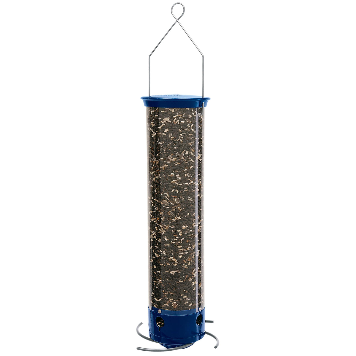 Droll Yankees front view of feeder showing clear tube and four feeding ports for easy bird watching