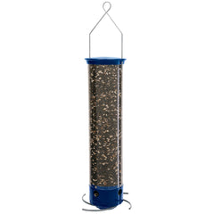 Droll Yankees front view of feeder showing clear tube and four feeding ports for easy bird watching