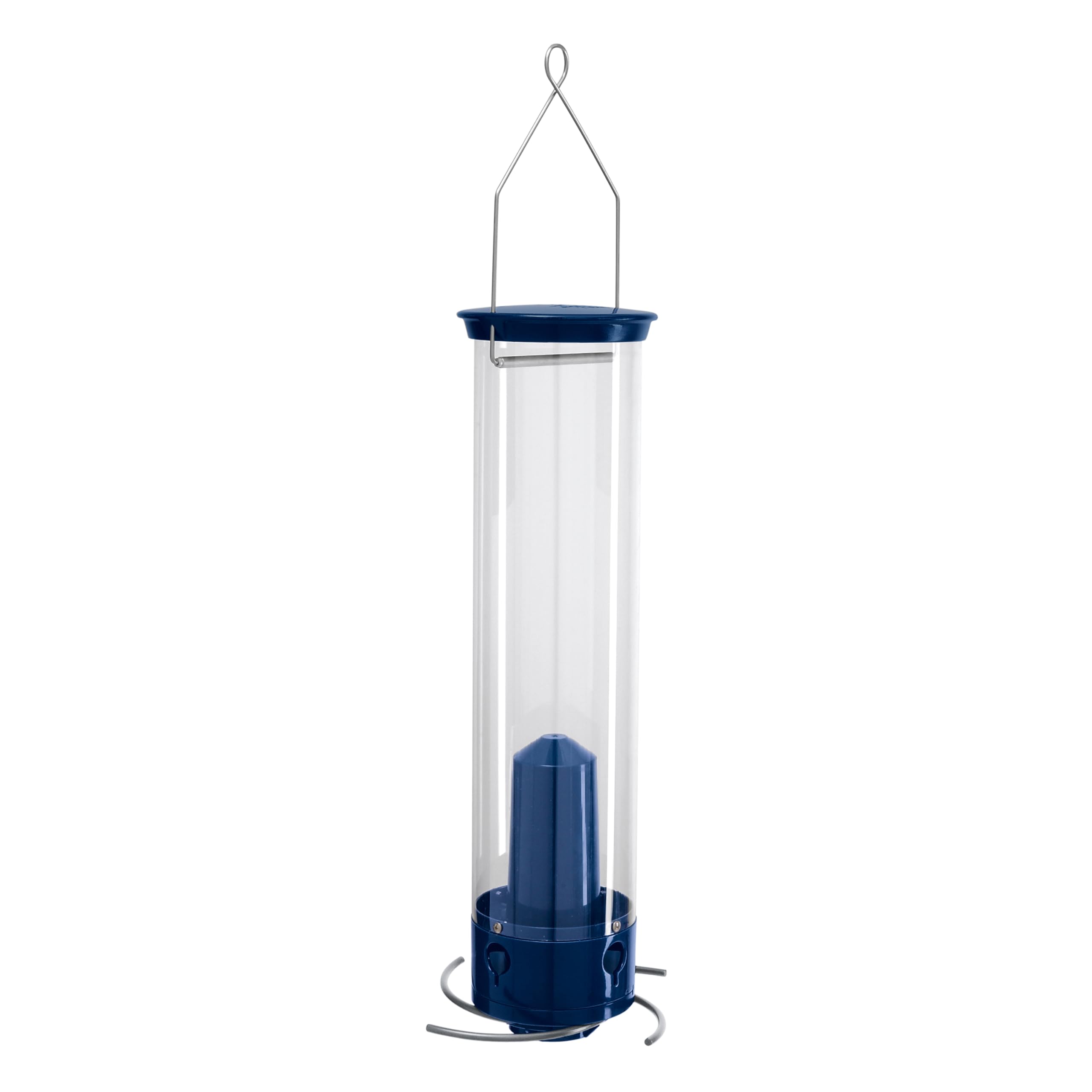 Droll Yankees feeder hanging from hook in backyard delivering durable outdoor feeding and visual appeal