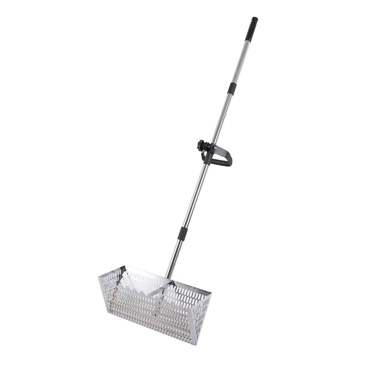 Drunmist front view of full stainless steel rake showing broad sifting basket benefit