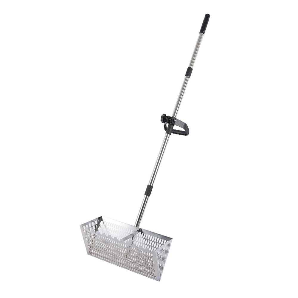Drunmist front view of full stainless steel rake showing broad sifting basket benefit