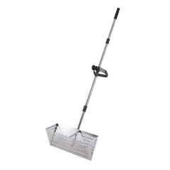 Drunmist front view of full stainless steel rake showing broad sifting basket benefit