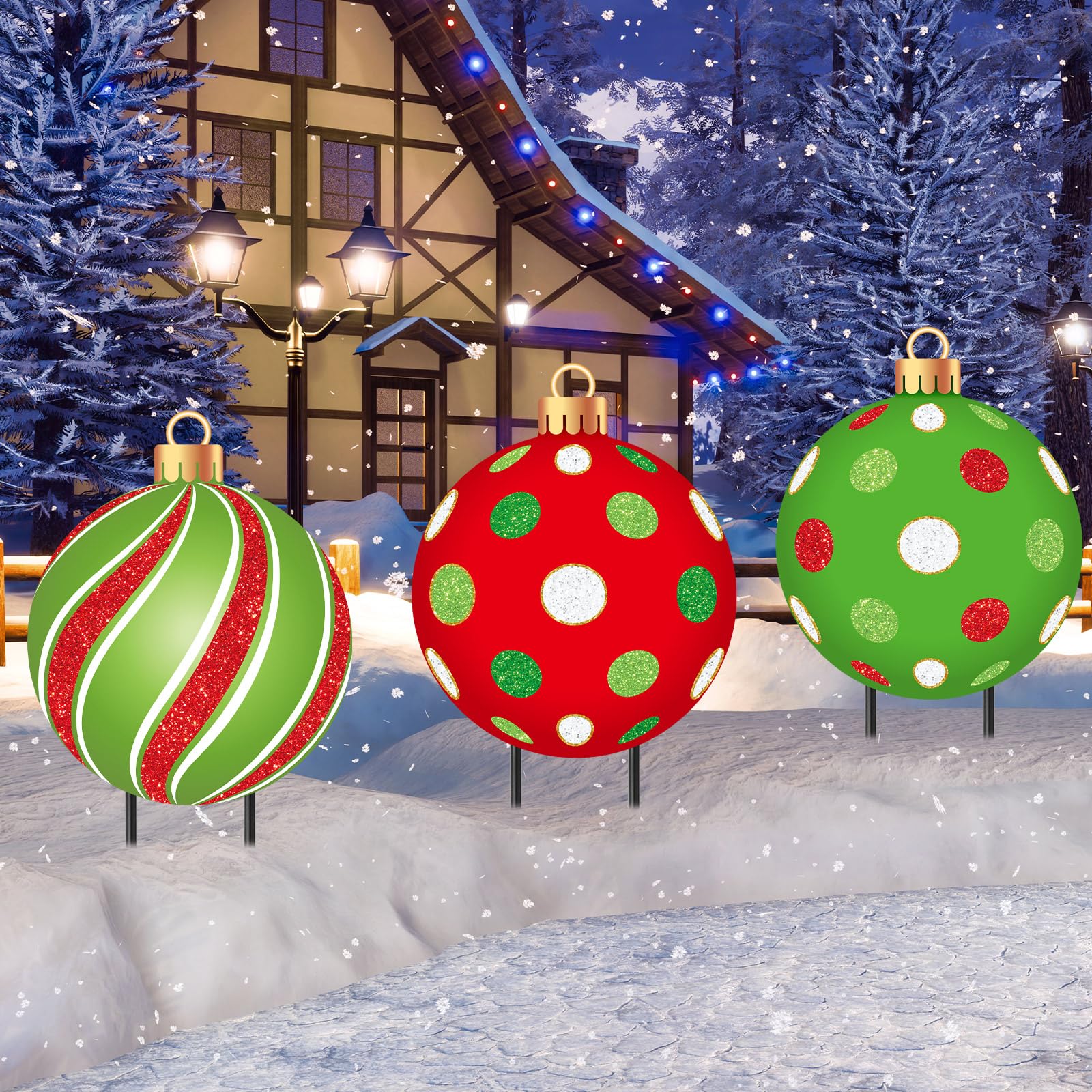 Drydiet front view of three colorful metal Christmas yard signs, durable outdoor decoration