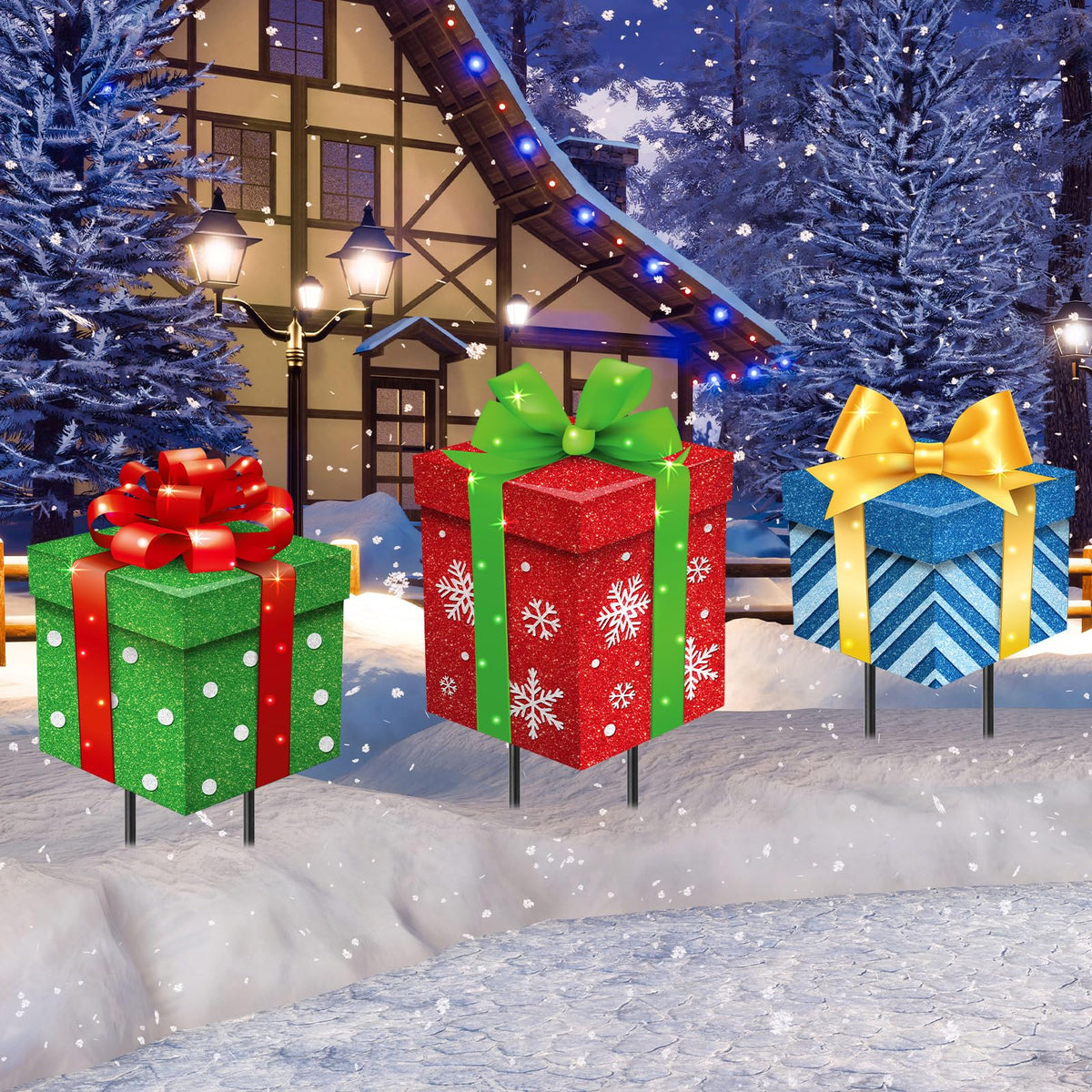 Drydiet front packaging view showing three colorful holiday designs and yard stakes for instant curb appeal