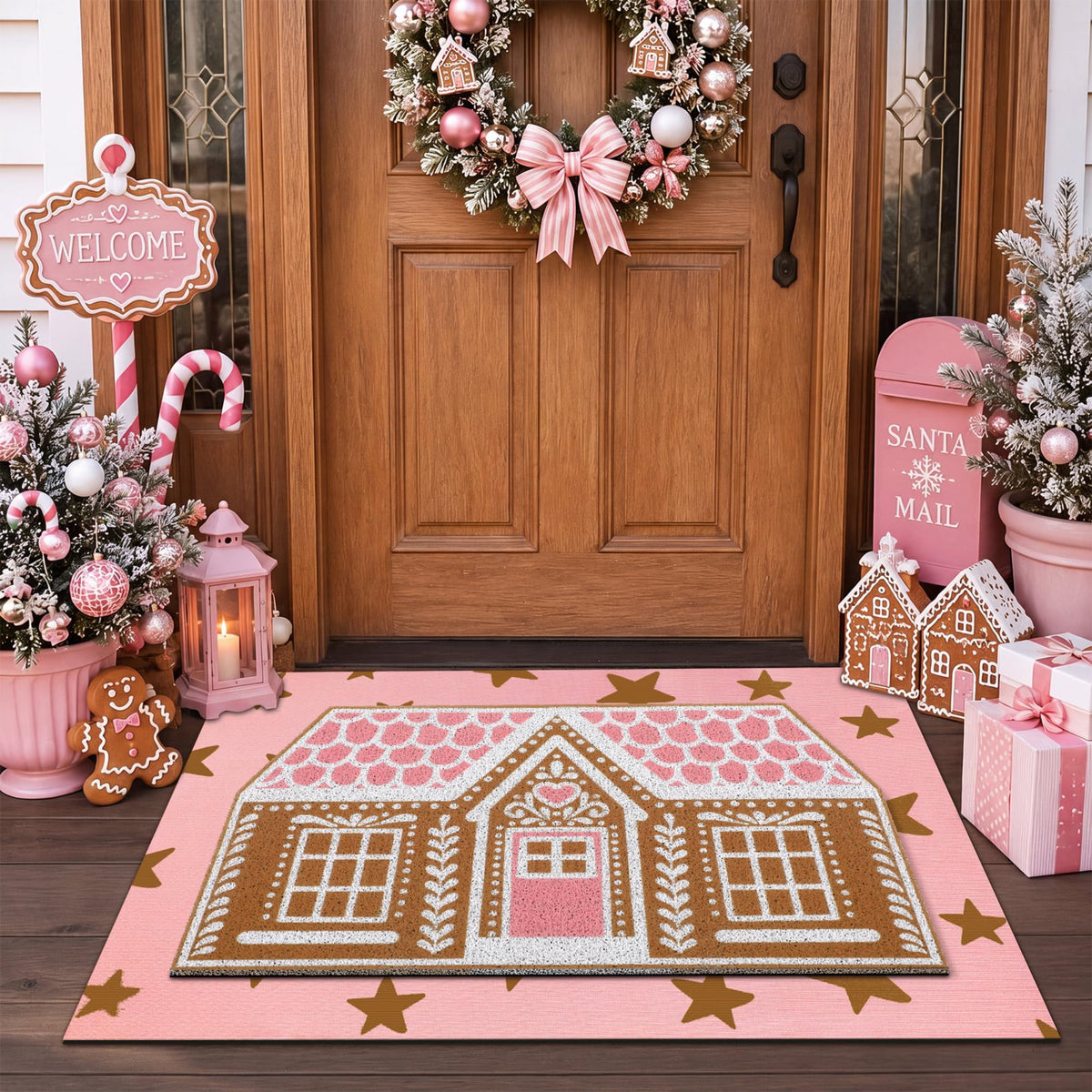 Drydiet front view showing pink gingerbread welcome and festive curb appeal