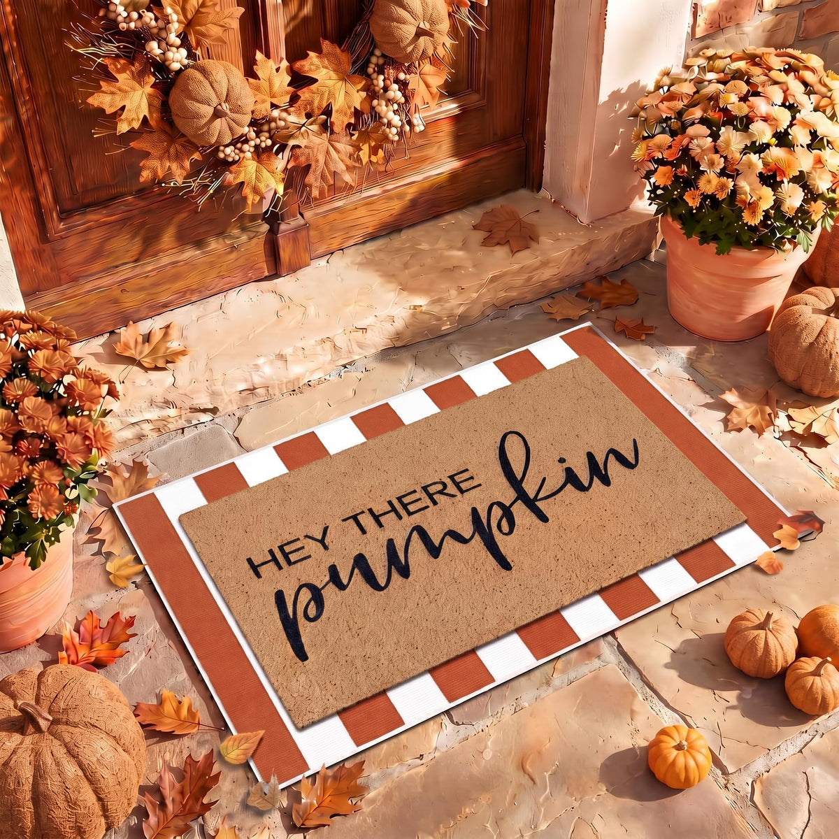 Drydiet front view of the layered doormat set welcoming seasonal guests