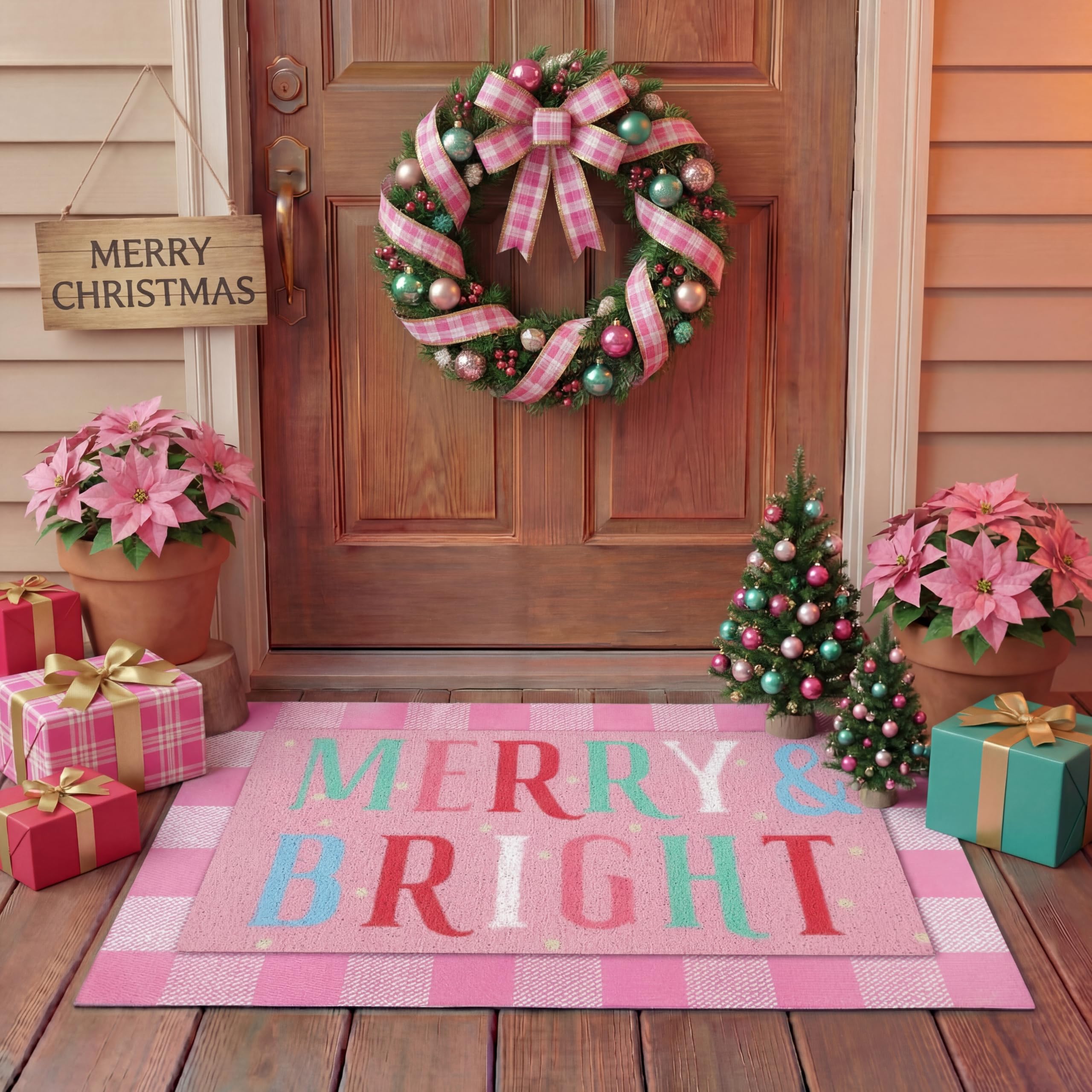 Drydiet front view porch mat showing welcoming Merry Bright design and curb appeal