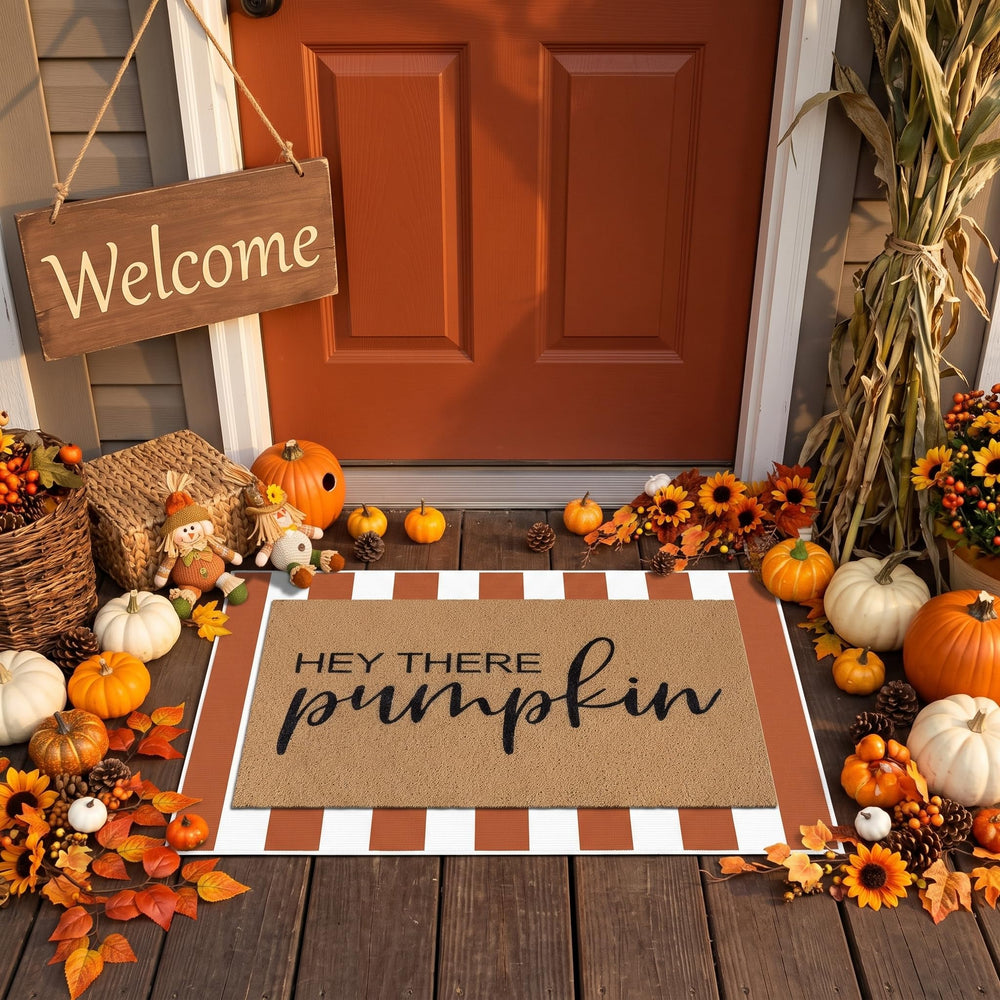 Drydiet layered mats styled on a porch creating warm autumn curb appeal