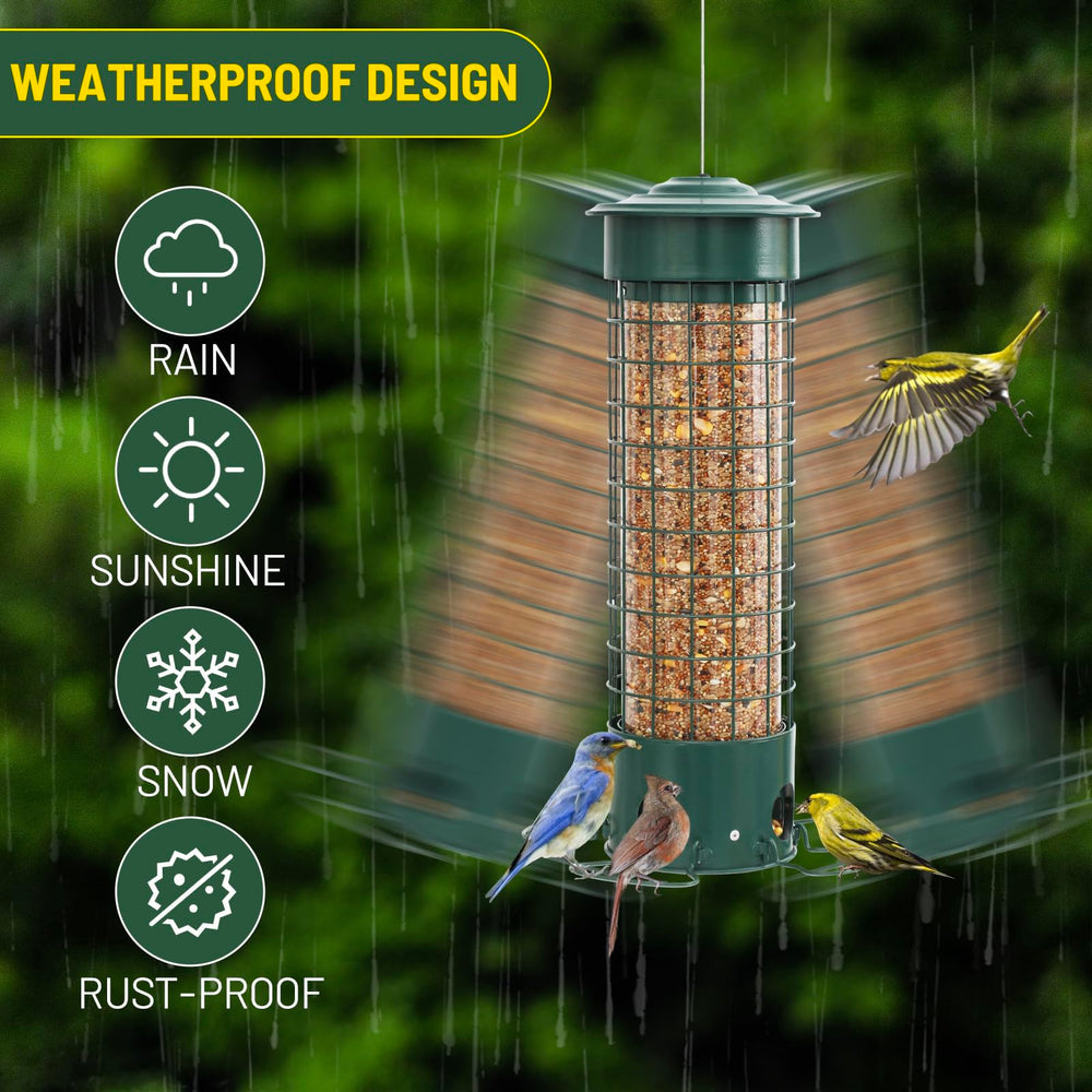 DSUMD feeder under eave showing rain protection to keep seeds dry
