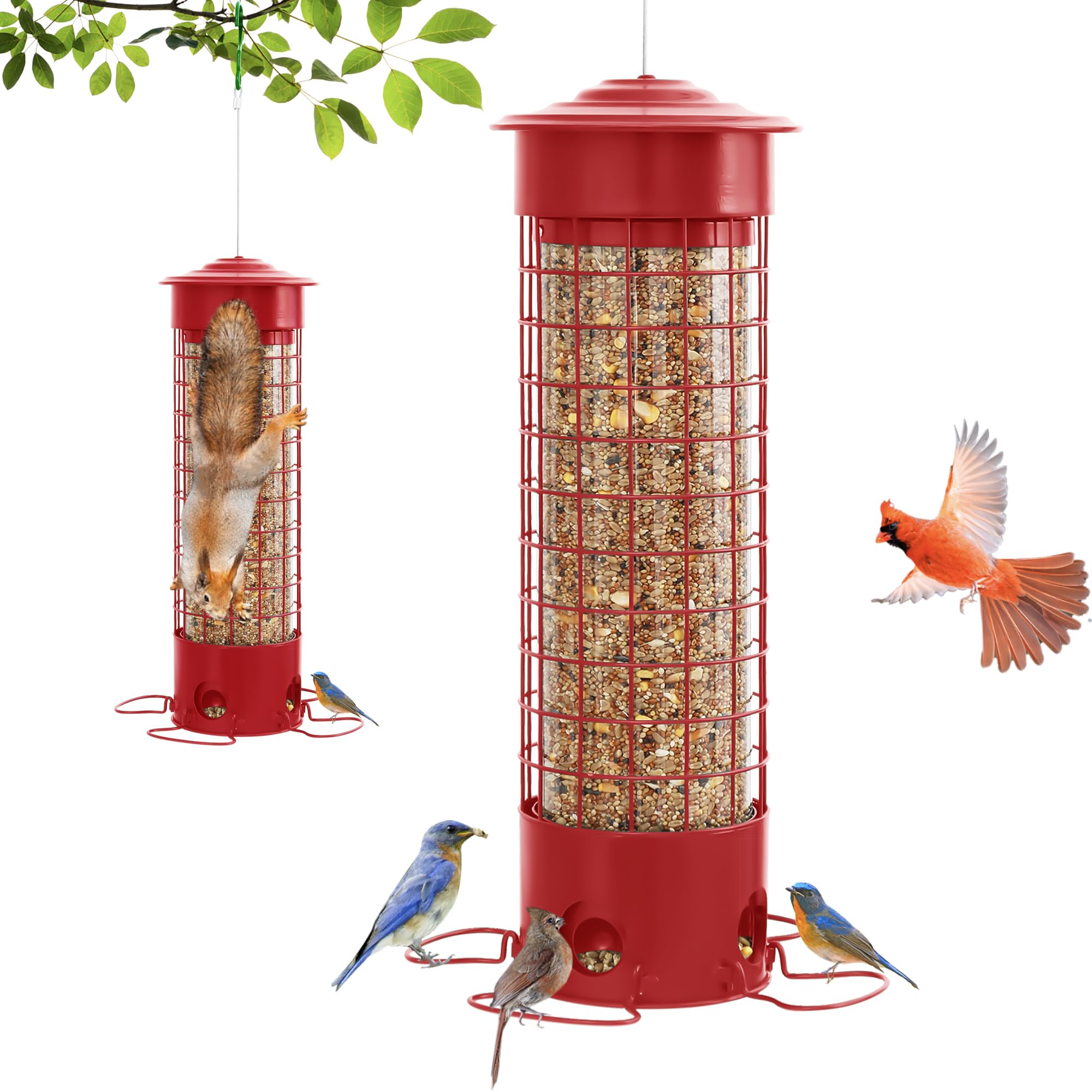 DSUMD front view of hanging feeder showing feeding ports and red finish, durable and attractive