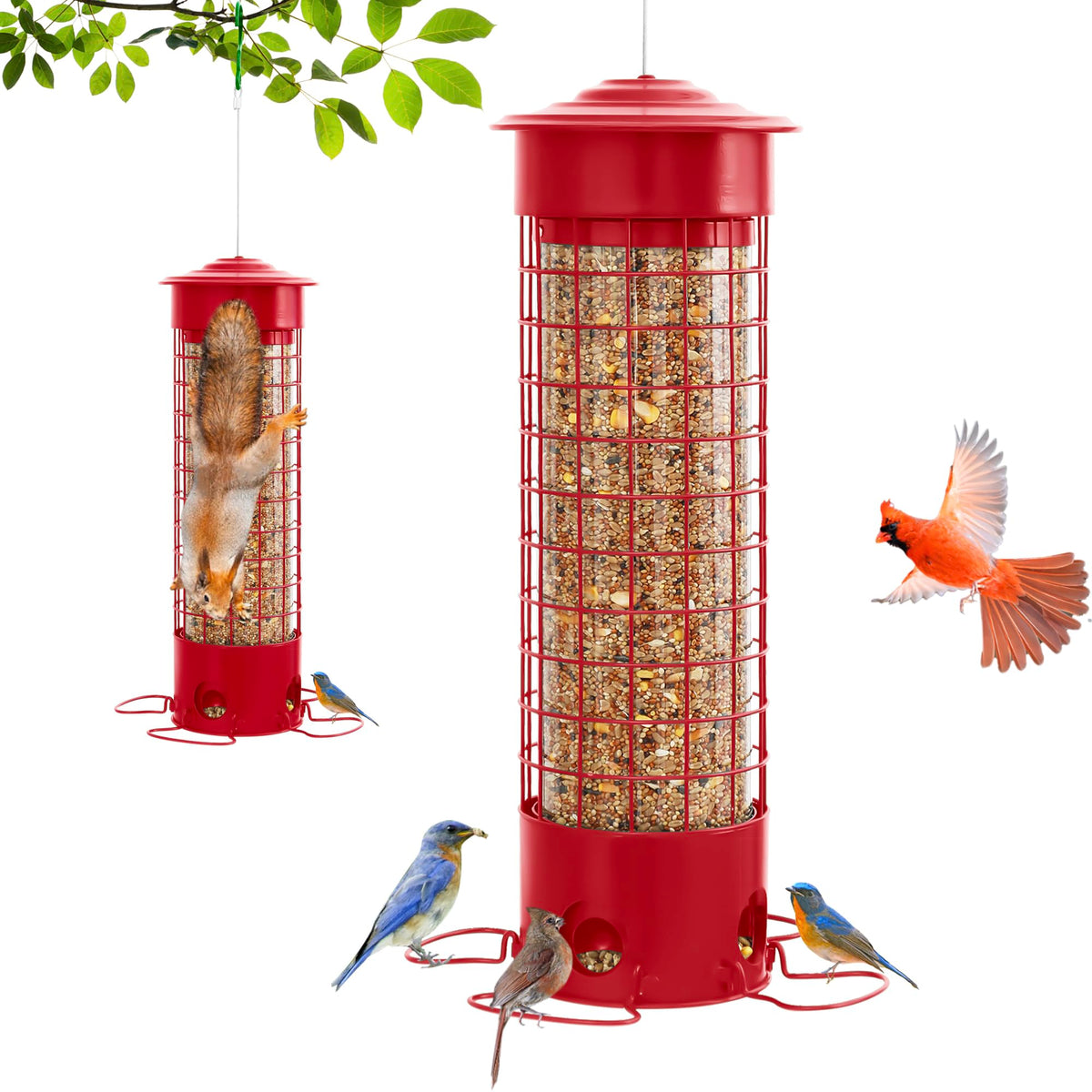 DSUMD front view of hanging feeder showing feeding ports and red finish, durable and attractive